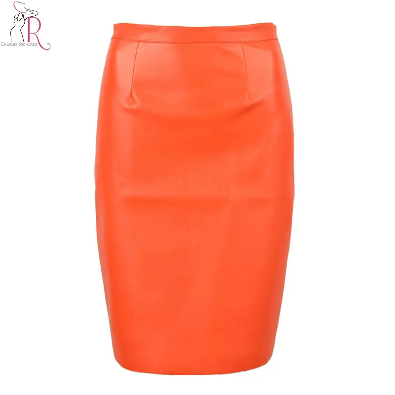 

2017 Spring New Arrival PU Faux Leather High Waist Back Zipper Midi Tight Pencil Casual OL Skirt in Black/Orange