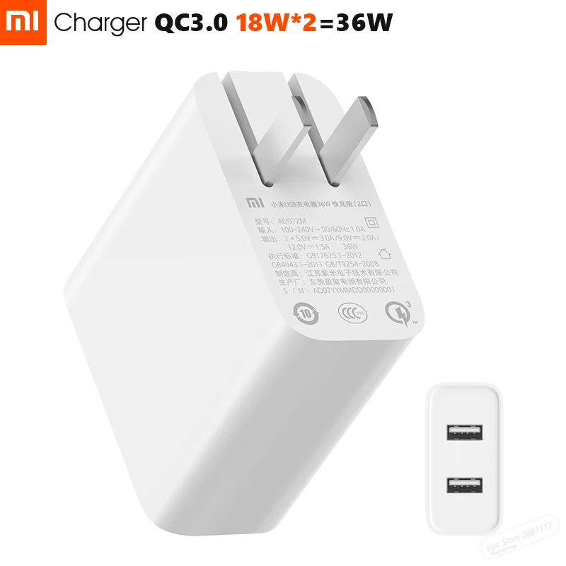 

Original Xiaomi Mi 36W Charger 2 USB-A Port Dual QC 3.0 18W x2 Smart Output Quick Charging 5V=3.0A 9V=2.0A 12V=1.5A