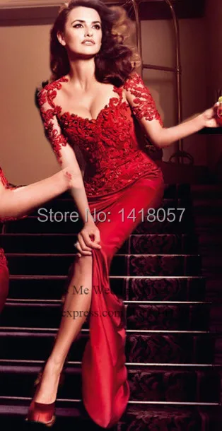 Sexy Red Lace Evening Dresses Long Sleeves Transparent Formal Vestidos Special Occasion Gowns 2015 Side Split LW087