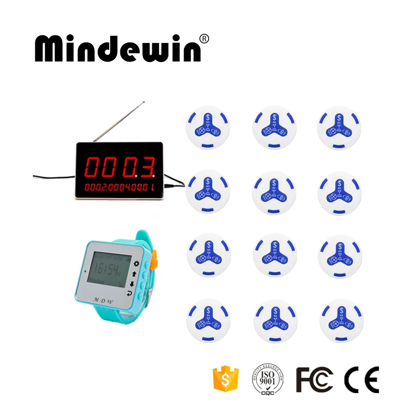 

Mindewin Wireless Calling System, 1pc Calling Watch Pager +1pc LED Display +12pcs Call Button For Restaurant, Hotel, Cafe Shop