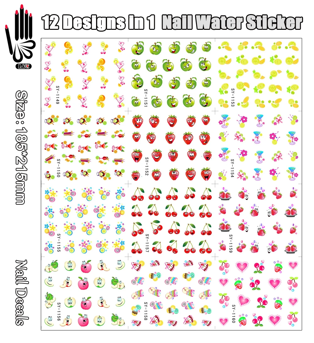 12 Sheets/Lot Sticker For Nail SY1149 1160 Cartoon Face Fruits Nail Art
