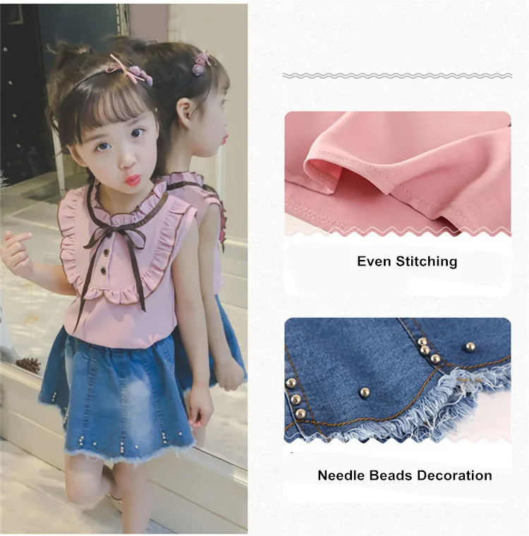 kids girls bowknot ribbon sleeveless shirts  denim short skirts girls clothes suits sets 05