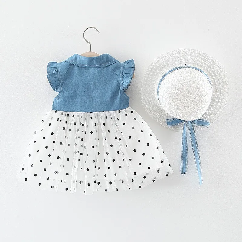 Summer Baby Girls Dress Casual Baby Girls Patchwork Bow Design Flare Sleeve Denim Dress Cotton Mesh Dot Kids Toddler Dress + Hat