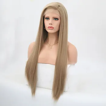 Rongduoyi Long Silky Straight Hair Synthetic Lace Front Wig Ash Blonde Side Part Cosplay Wig Glueless Front Lace Wigs for Women 3