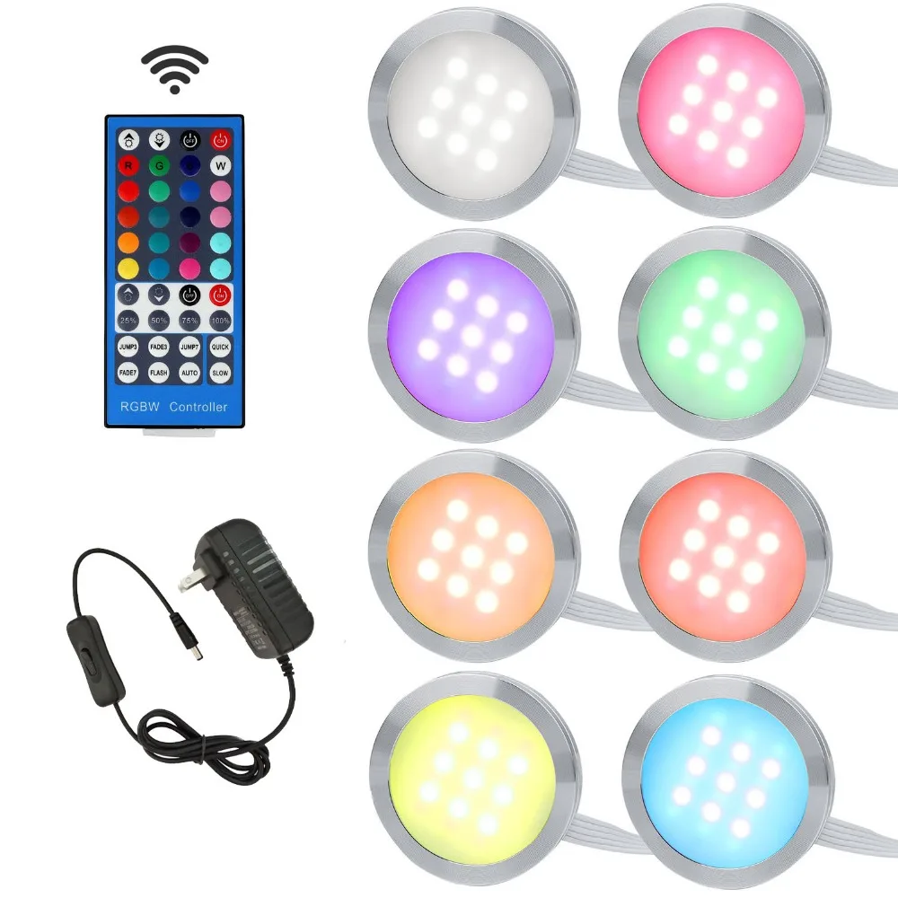 Aiboo RGBW RGB+White LED Under Cabinet Lights Downlight 8 Lamps with IR Remote Control Dimmable for Kitchen Decoration Lighting