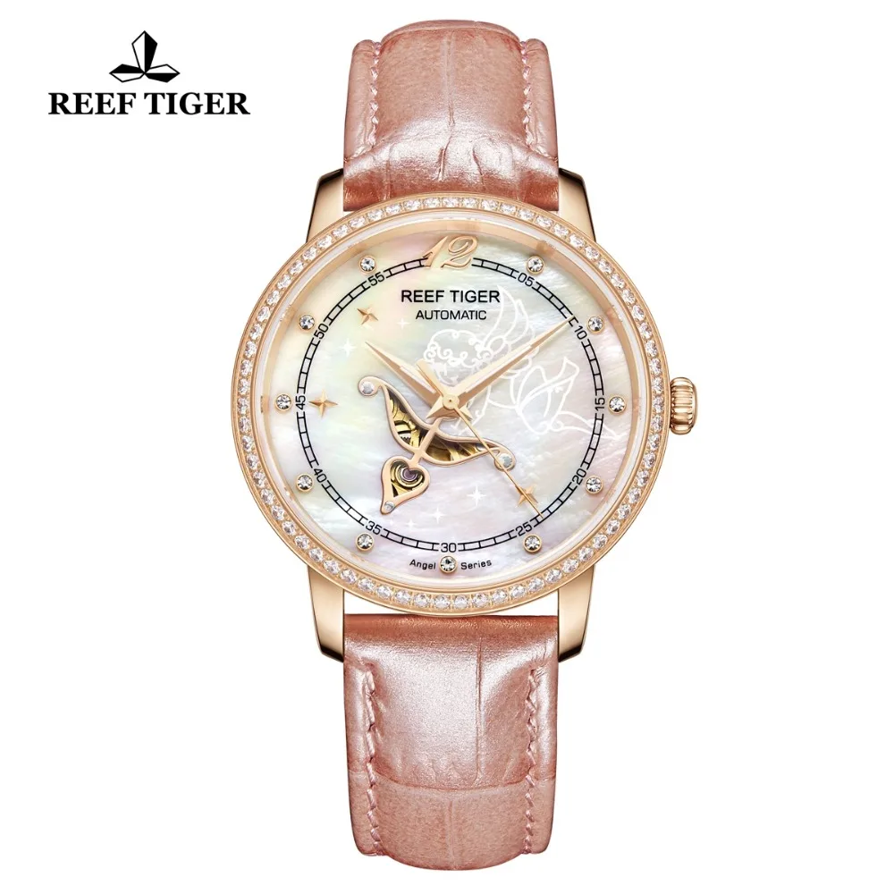 Reef Tiger/RT дизайнерские модные женские часы Reloj Mujer MOP Dial бриллианты Автоматическая телячья кожа водонепроницаемые часы RGA1550