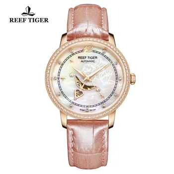 

Reef Tiger/RT Designer Fashion Womens Watch Reloj Mujer MOP Dial Diamonds Automatic Calfskin Leather Waterproof Watches RGA1550
