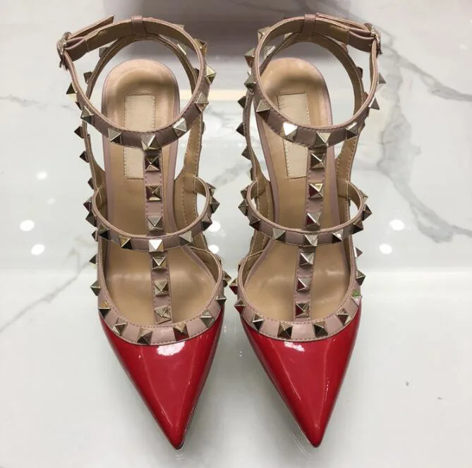 

New Hot Red Women Platform Pumps Ladies Sexy Round Toe Rivet High Heels Shoes Fashion Buckle Studded Stiletto Sandals 34-43 Box