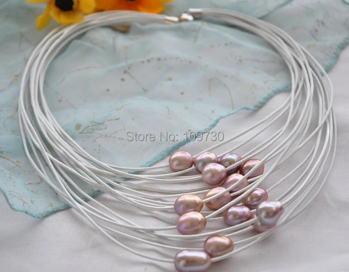

Jewelr 003513 15strands 13mm lavender rice pearl white leather necklace 20inch