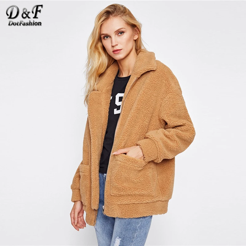 Dotfashion Camel Drop Shoulder негабаритная флисовая куртка зимняя женская новая стильная куртка на молнии с воротником и длинным рукавом опрятное негабаритное пальто