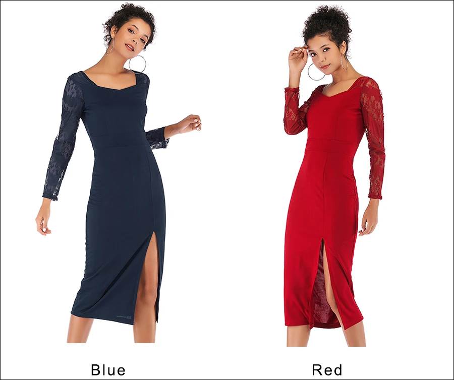 Gladiolus Sexy New Summer Dress Women 2019 Long Sleeve V Neck Slim Lace Patchwork Midi Women Office Dress Ladies Pencil Dresses (20)