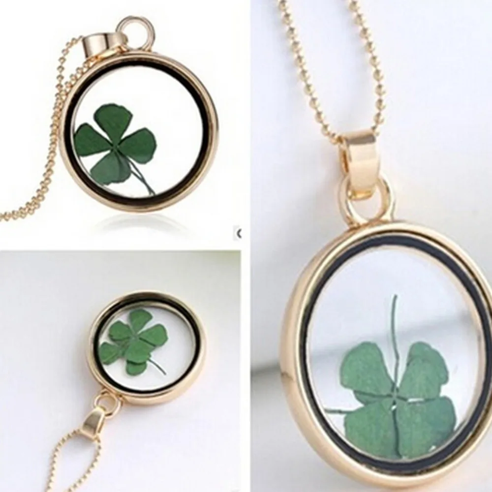 

Vintage Jewlery Silver/Gold Color With Glass Dried Flower Clover Shaped Choker Pendant Necklace For Women Gift