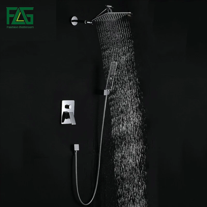 

FLG Concealed Shower Set In Wall Shower Faucet 8 inch Square Rainfall Shower Head Bath Tap Mixer With Hand Hold Sprayer HS044