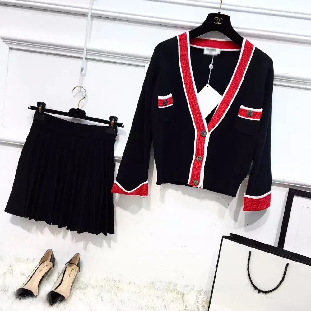 Senhoras elegante pequena fêmea primavera conjunto saia twinset camisola