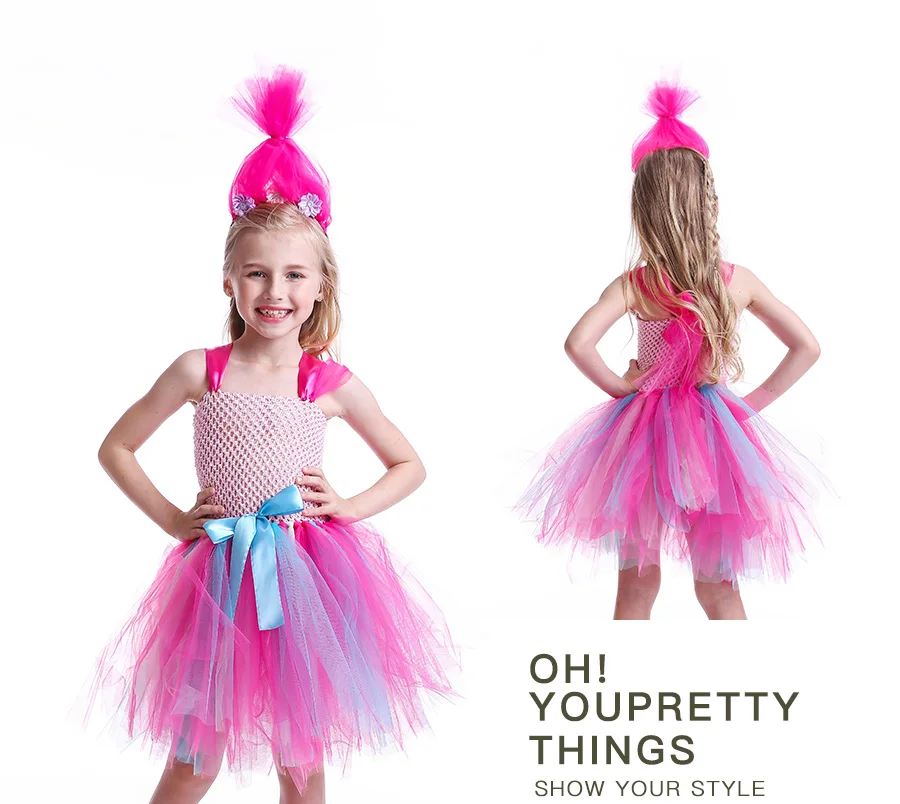 Princess Trolls Poppy Children Tutu Dress with Headband Poppy Birthday Tutu Costume Baby Girl Halloween Cartoon Tulle Dress (7)