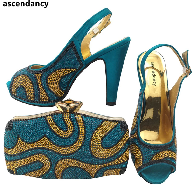 

New Peacock Blue Italian Shoes and Bags Set Rhinestone Wedding Party Shoes and Bag Set Crystal Stone Nigerian Shoes Matching Bag