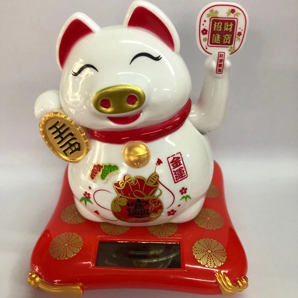 Solar Powered Lucky Beckoning Waving Pig Lucky Money Pig &Shaking Buddha for Home Office and Car décor -54x3.54x3.94inch