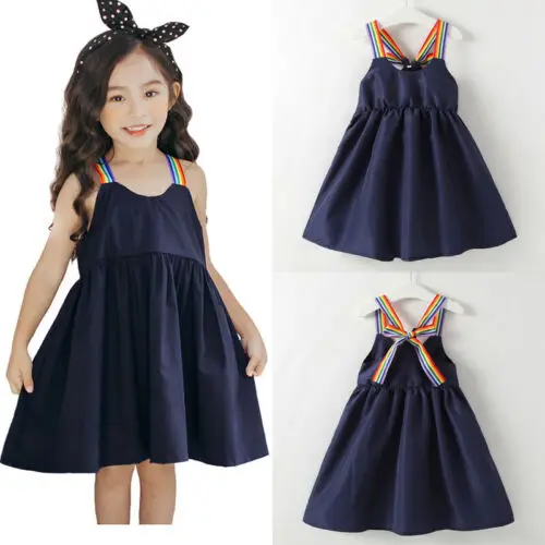 

Baby Girl Dress Pure Color Sleeveless Rainbow Sling Dresses Slip Party Off Shoulder Loose Princess Summer Dress New