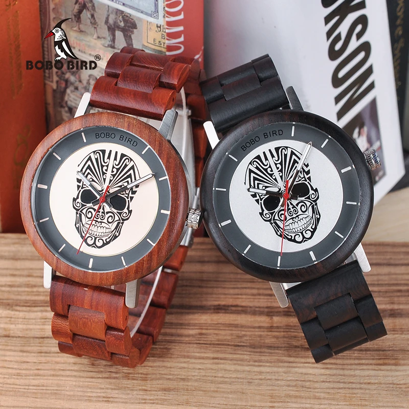 BOBO BIRD Unique Men Watch Wooden Quartz Wrist Watch Skull Skull Head for Mens in wood Box erkek kol saati