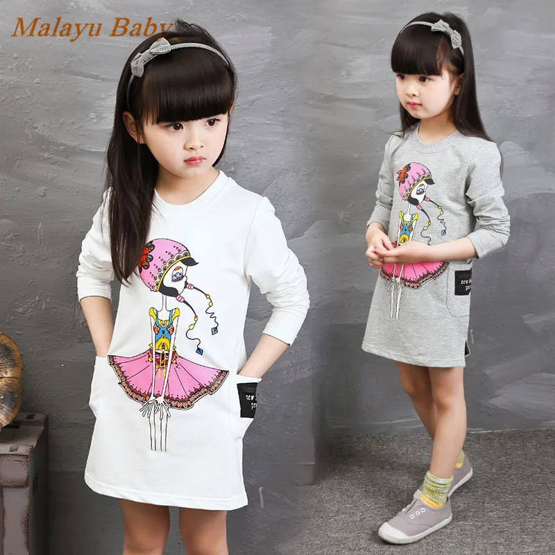 

Baby Girls dress 2019 spring autumn new girls cartoon print pocket long-sleeved dress 4-8 years girls children's clothing