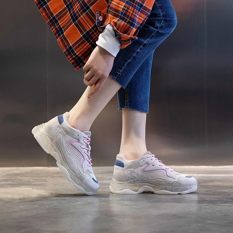 Женская Повседневная обувь zapatos de mujer Массивные кроссовки из натуральной кожи