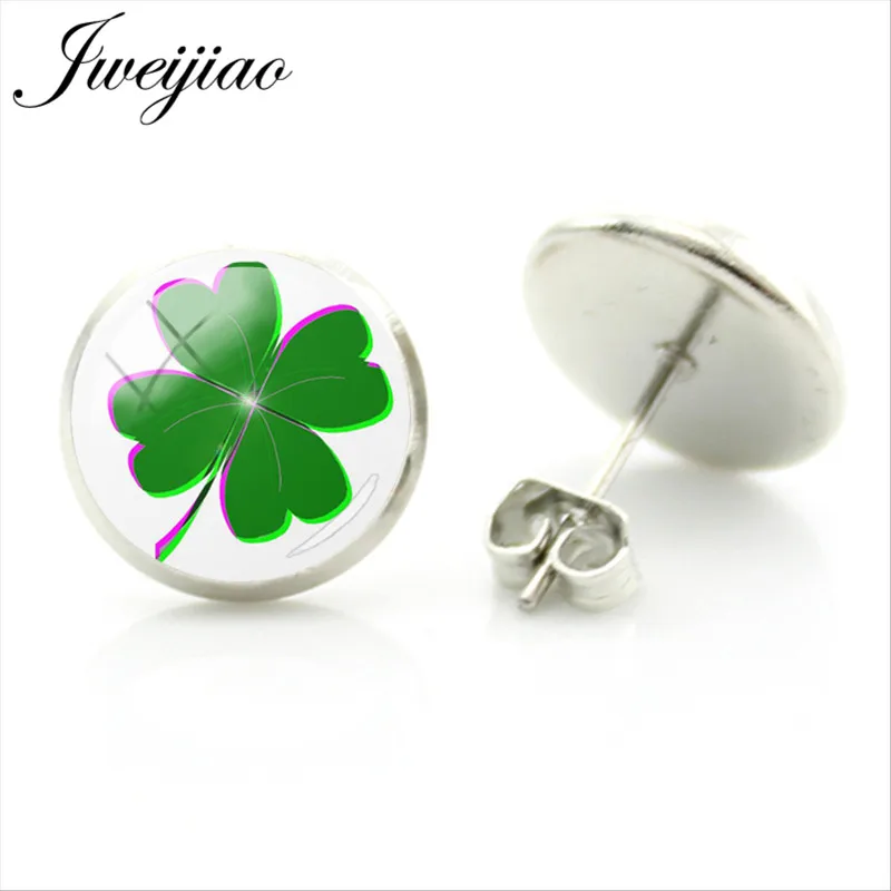 

JWEIJIAO Green Four Leaf Clover Earrings Silver Plated Round Glass Cabochon Stud Earrings For Woman Girls Brinco Bijoux QF362