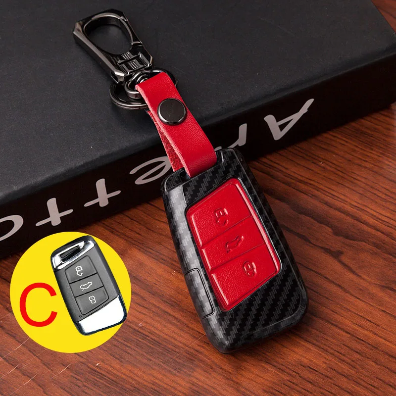 Углеродное волокно+ кожаный чехол ключа дистанционного управления автомобилем чехол для wolkswgen VW Tiguan Polo Golf 4 5 6 7 MK7 Passat B5 B6 B7 B8 CC Jetta Touran - Название цвета: C  Red