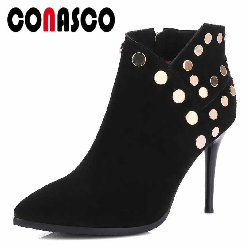 

CONASCO Brand Design Women Ankle Boots Autumn Winter Warm High Heels Shoes Woman Punk Rivet Cow Suede Zipper Party Dancing Pumps