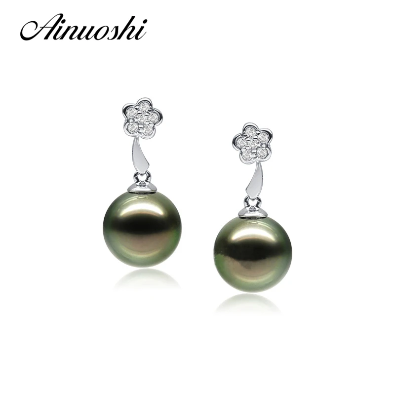 AINUOSHI 925 Sterling Silver Flower Shaped Pearl Drop Earrings 10-10.5mm Round Pearl Natural Tahitian Black Pearls Drop Earrings