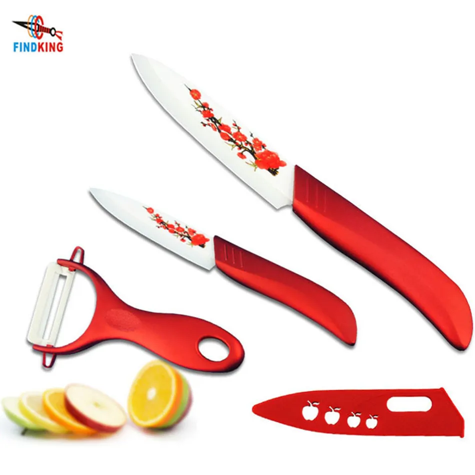 High Quality Red Flower Painted Zirconia Ceramic fruit Knife Set Kit 3