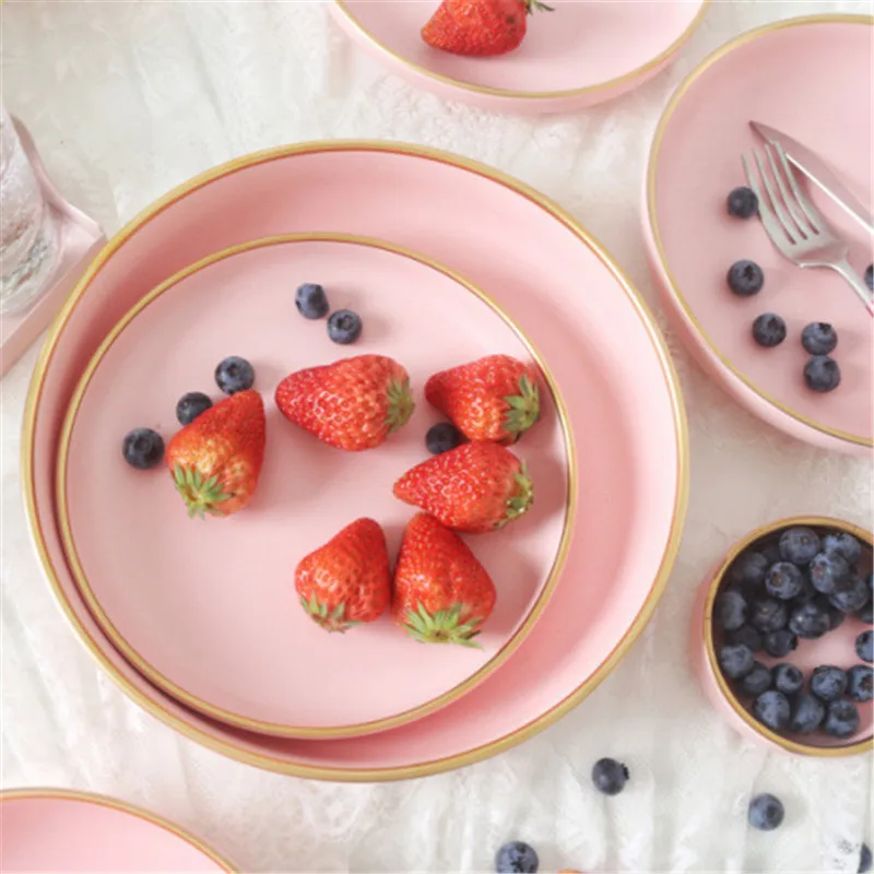 

Solid Pink Ceramic Plate Golden Edge Painting Porcelain Bowl Plate Spoon Dinnerware Set Western Steak Tray Snack Dishes Plate