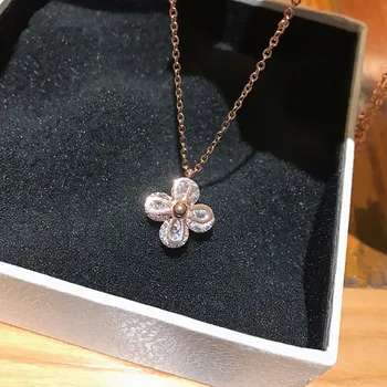 

YUN RUO Rose Gold Color AAA Zircon Inlay Flower Pendant Necklace Fashion Titanium Steel Woman Jewelry Birthday Gift Never Fade