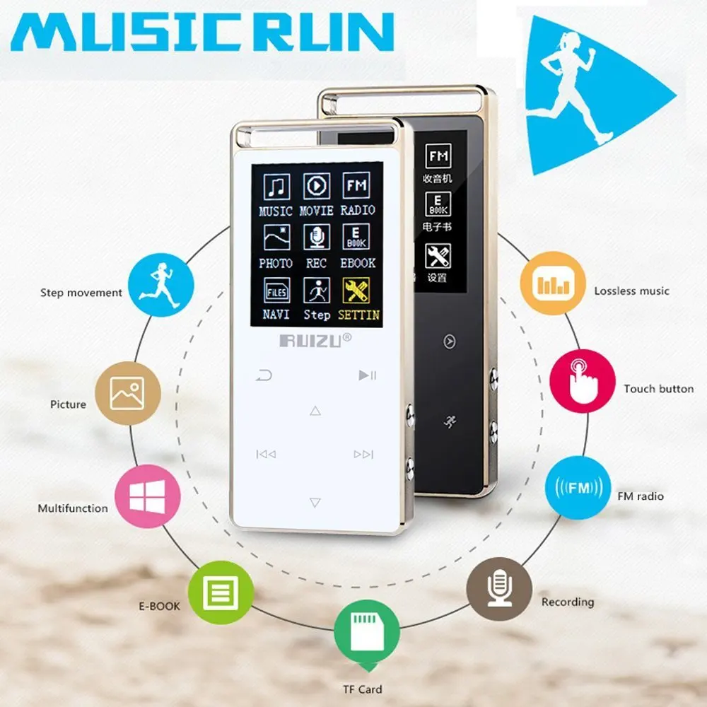 Оригинальный MP3 плеер RUIZU D01 bluetooth 8 ГБ сенсорный экран 1 дюйма диктофон FM