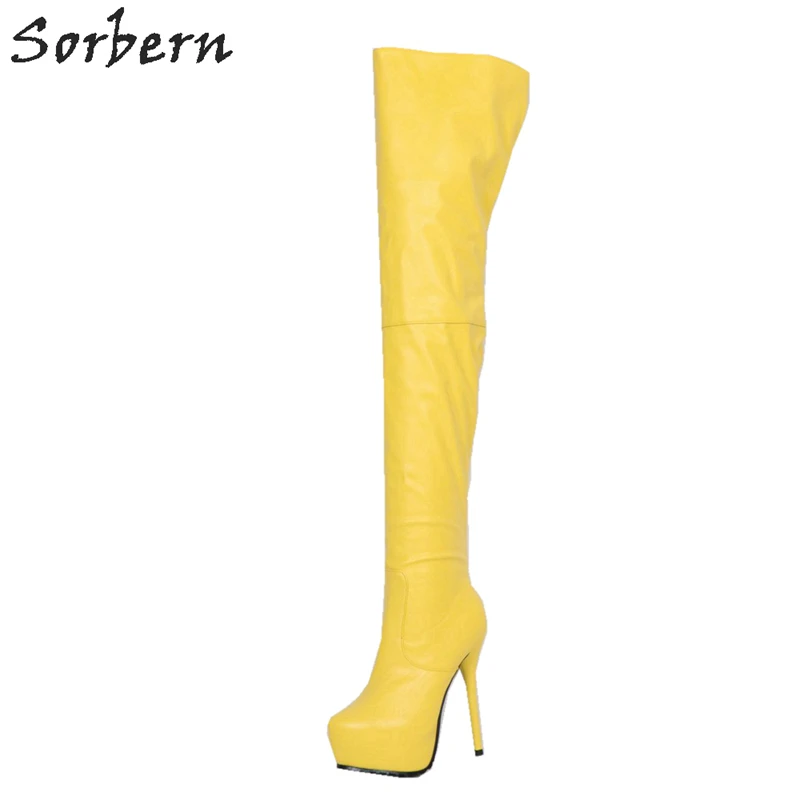 Sorbern/женские ботфорты до бедра из мягкой искусственной кожи; обувь на толстой платформе на высоком каблуке; коллекция года; высокие сапоги для трансвеститов; цвета «сделай сам» - Цвет: Цвет: желтый