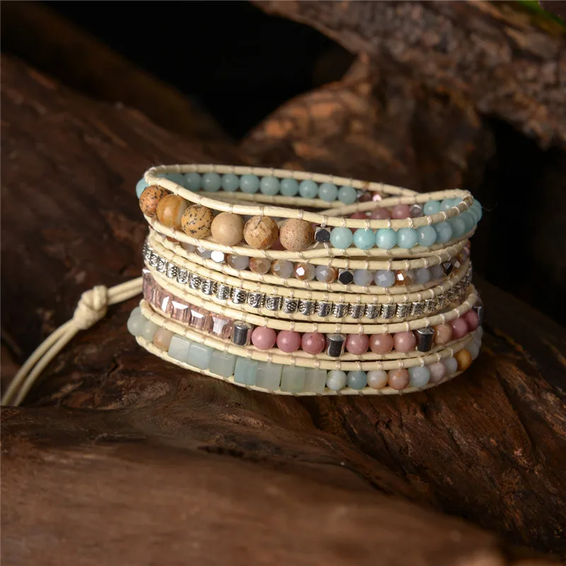 Natural Stones Charm 5 Strands Wrap Bracelets Handmade Boho Bracelet