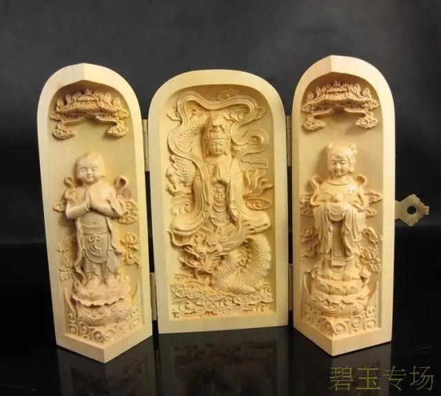 

Chinese Wood Shakyamuni Amitabha Buddha Kwan-Yin Guan Yin Buddha Box Statue