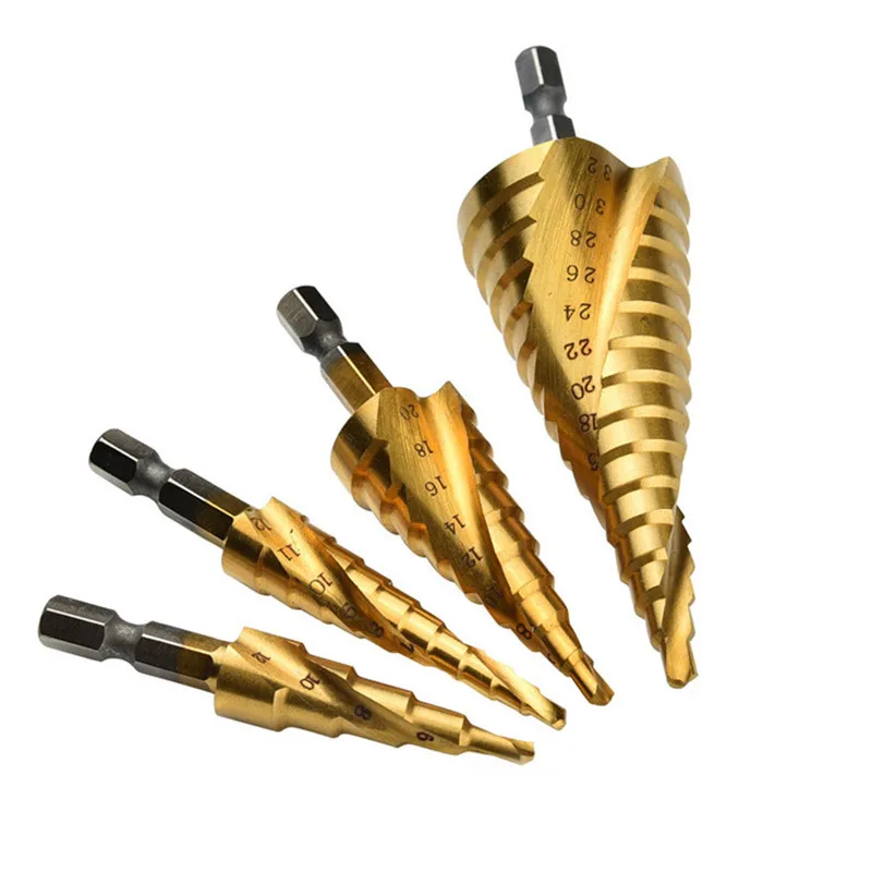 

4Pcs/Lot Spiral Flute Step Drill Bit Set Hole Cutter For Wood Power Tools With Box Wood Drilling High Quality Power Tools P20