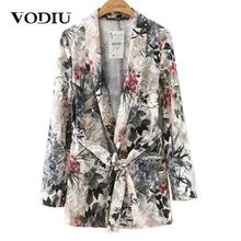 Цветочные винтажные женские блейзеры Новые Дамские пояса для верхней одежды куртки повседневные с зубчатым воротником Длинные рукава карман пальто Высокое качество