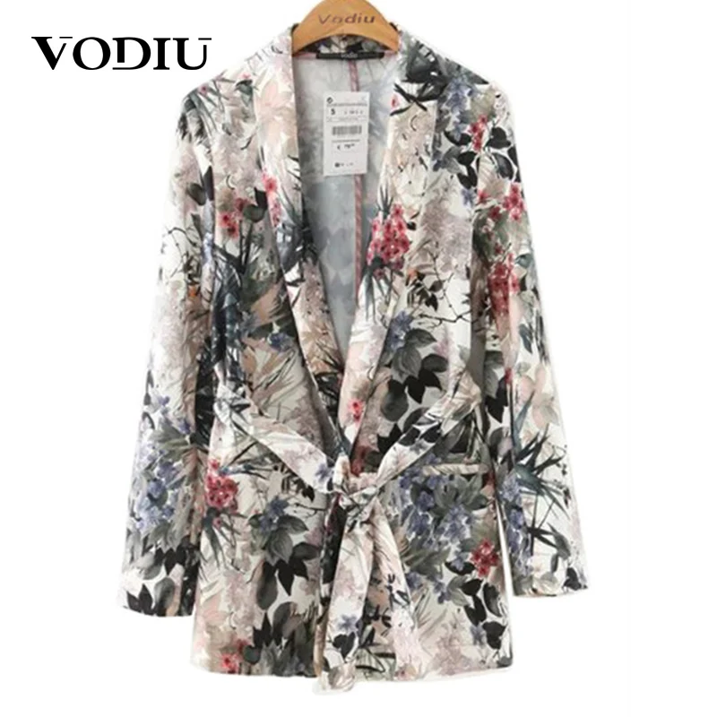 

Floral Vintage Women Blazers 2019 New Ladies Outwear Sashes Jackets Casual Notched Collar Long Sleeves Pocket Coat High Quality