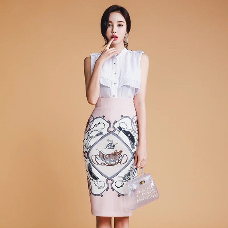 

Women Set 2019 Summer Clothing 2 Piece Set Suits Office Lady Work Wear Blouse Tops And High Waist Print Pencil Bodycon Skirt Set
