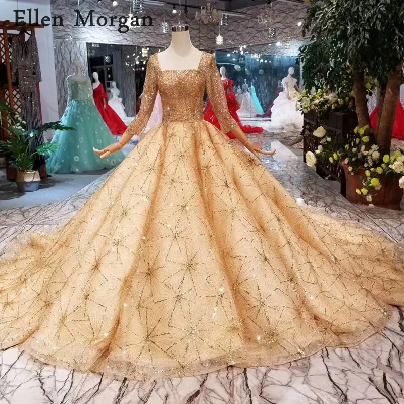 

Saudi Arabia Gold Lace Ball Gowns Wedding Dresses 2019 Lace up Beaded Corset Custom Made Real Photos Puffy Glitter Bridal Gowns