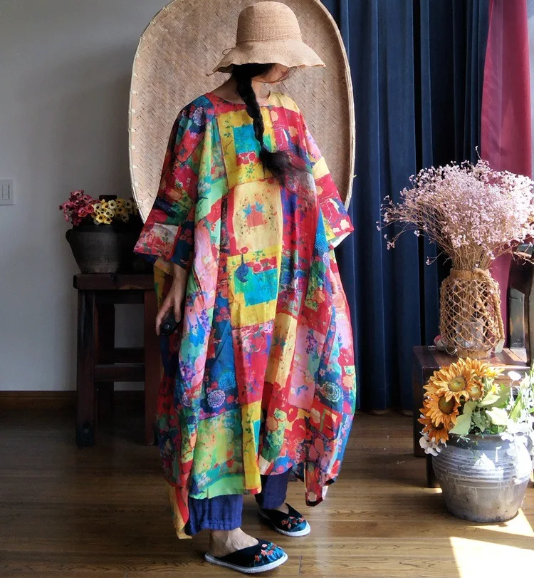 

Beautiful Trendy Oil Painting Blocks Print Plus Size Pure Ramie Linen Dress, Summer Extra Large Loose Batwing Sleeve Ethnic Robe