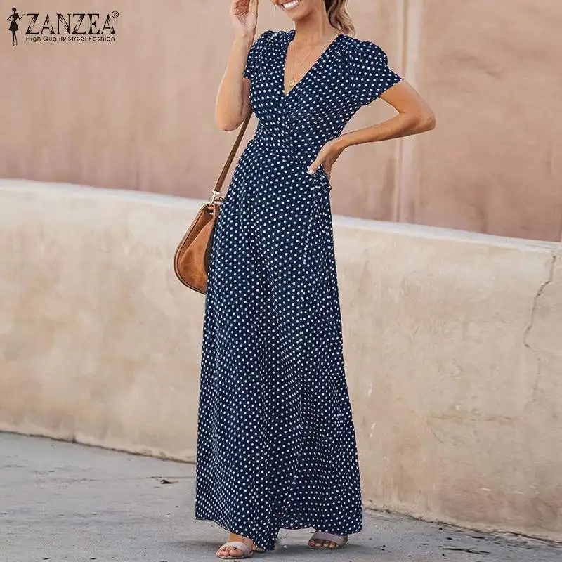 

S 5XL ZANZEA Summer V Neck Long Dress 2019 Women Elegant Polka Dot Sundress Short Sleeve Maxi Party Vestidos Femme Tunic Robe