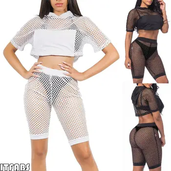 

New Summer Women's Sexy Mesh Cover Up Sets Short Sleeve Crop Tops Shorts Sexy Women Swimwear Beachwear Push Up See Through Sets