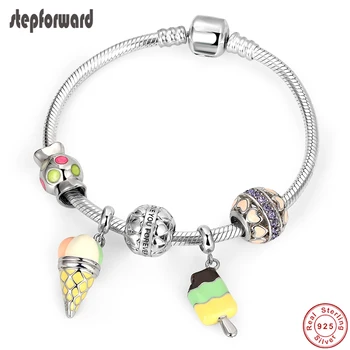 

STEP FORWARD 100% 925 Sterling Silver Love Ice Cream Corn Popsicle Charm Bracelets & Bangles For Woman Silver Jewelry WLB033