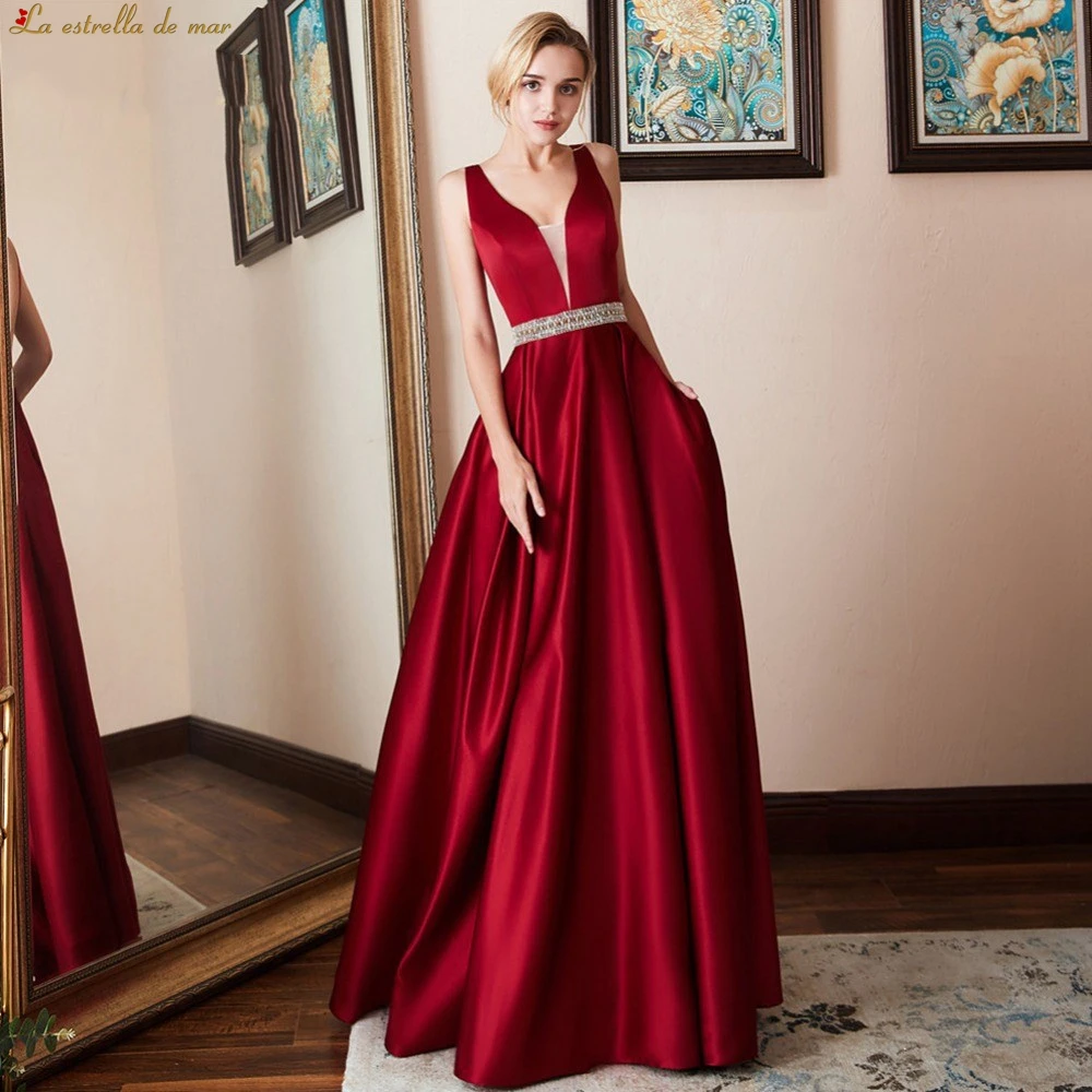 

Vestido de madrinha de casamento longo 2019 new sexy V-neck satin crystal belt a Line burgundy bridesmaid dresses plus size