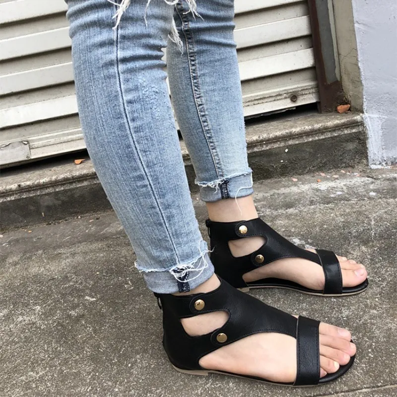 slhjc summer sandals shoes women flat heel leather retro female plus plus size flats