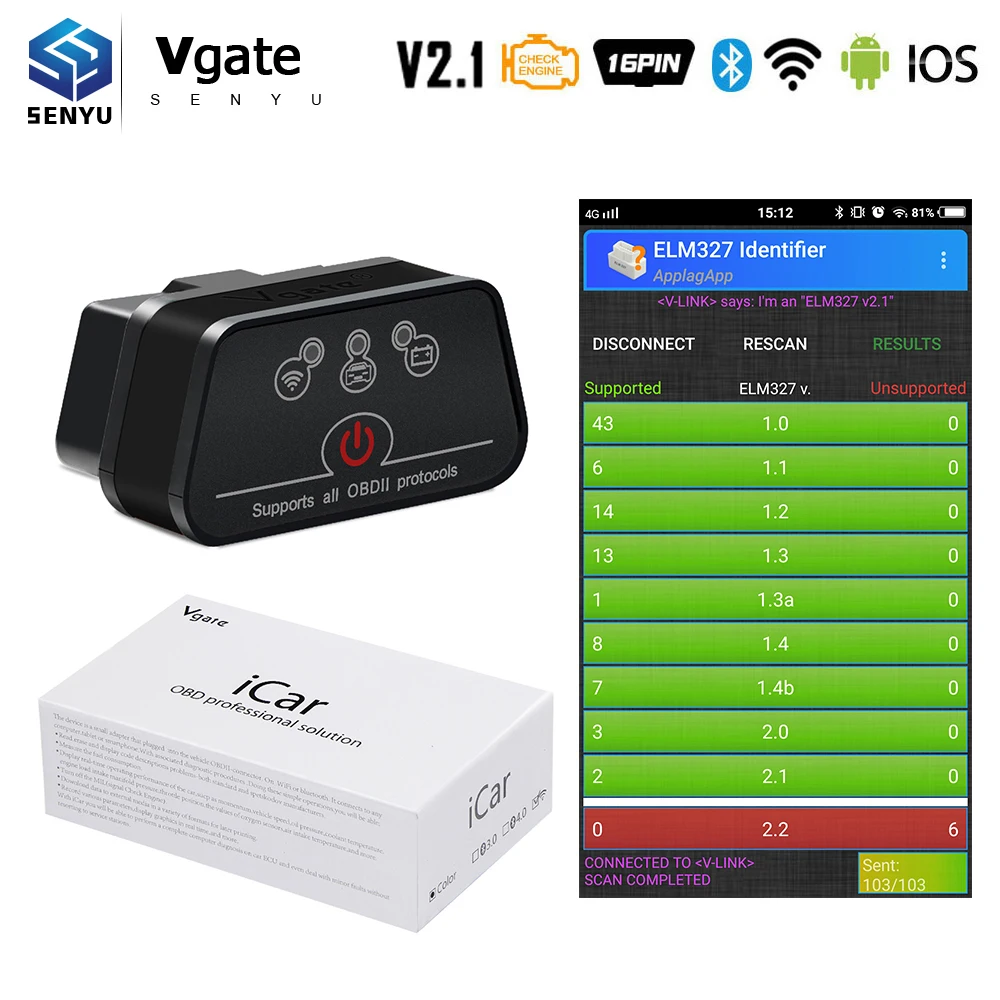 Автомобильный диагностический сканер Vgate iCar2 ELM327 V2.1 OBD2 Wifi Bluetooth elm 327 для Android/IOS