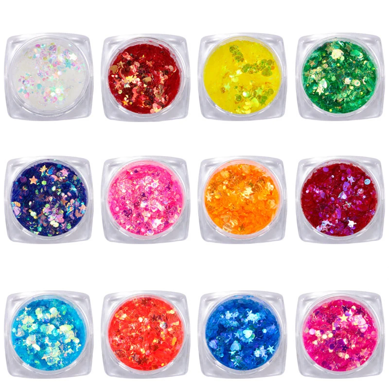

12 Styles 3-10g /box five-point Nail Art Glitter heart and stars Glitter Mix Plus Free Gift! *1tsp* For Nail Acrylic/Gel/Polish