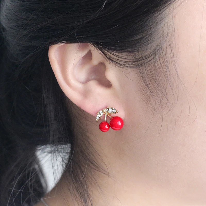 Trendy Red Cherry Stud Earrings For Women Rhinestone Leaf Fruit Earring